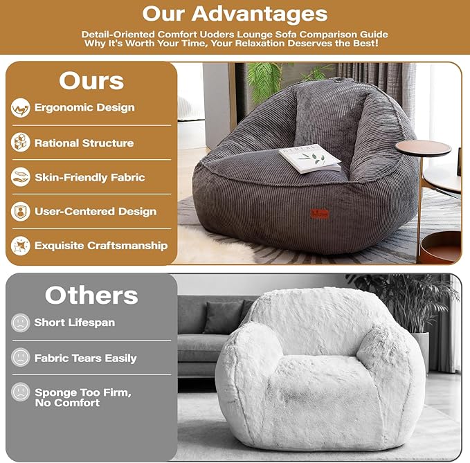 Bean Bag Chair, Cozy Fluffy Beanbag Chairs with Filler for Teens and Kids, Floor Lazy Sofa for Living Room, Gaming & Reading（M-Dark Grey）