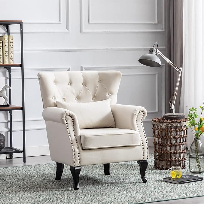 LZAREAL Accent Reading Arm Chairs Set of 2 for Living Room Bedroom, Midcentury Modern Comfy Corner Sofa Chair, Wingback Waiting Room Club Chair with Button Tufted Back &Lumbar Pillow, Linen Beige