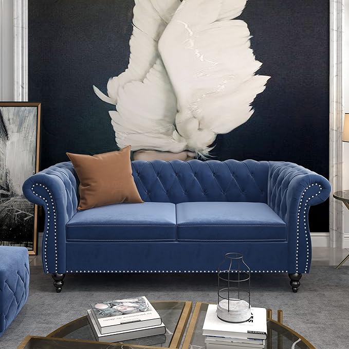 QHITTY Accent Sofa, Chesterfield Loveseat Modern Velvet Couch Upholstered Sofa with Tufted Back for Living Room Furniture (Blue)