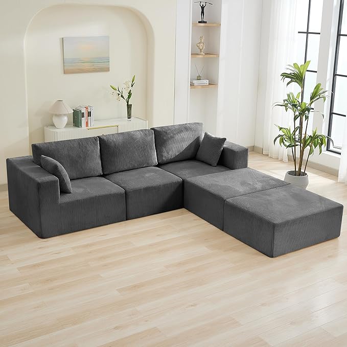 115'' U Shaped Boneless Sofa Couch, 3 Seater Modular Sectional Sofa with 2 Movealbe Ottoman, Corduroy Convertible Sleeper Couch with Chaise for Living Room, Grey
