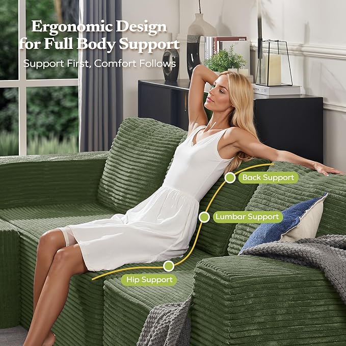 Furnify 106" 3-Seater Sofa, Cloud Modular Sofa with Certified Foam, Upholstered Floor Sofa with Deep Seat, Sofa for Bedroom Living Room, No Assembly Required (Green, Plush Corduroy Fabric)