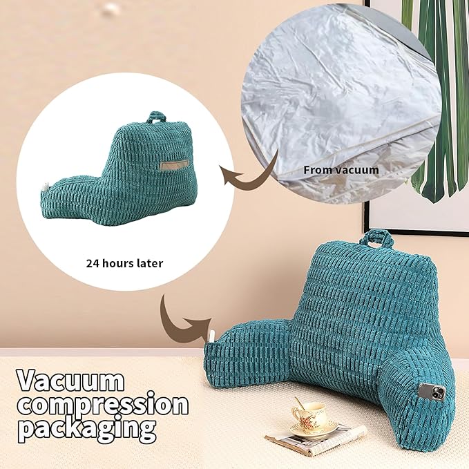 PAJEO Reading Pillow for Sitting in Bed, Large Backrest Reading Pillow with Arm Rest,Back-Rest Support Cushion for Sit Up on Couch, Sofa, and Floor, Dorm Essentials (Green Corduroy, Standard(17"))