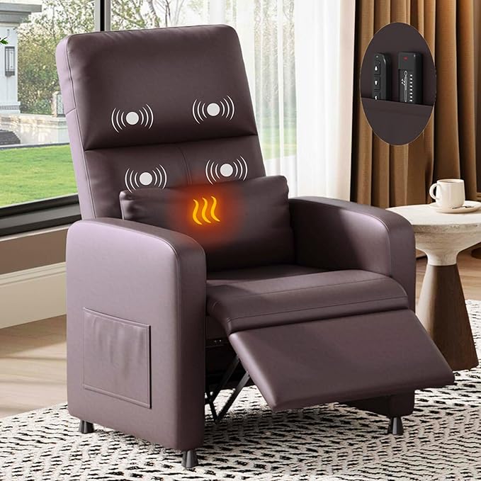 GarveeHome Power Recliner Chair - Heat and Massage, Adjustable Electric Recliner Ergonomic PU Leather Single Sofa, Tall Back, Padded Seat, Home Theater Seating for Living Room