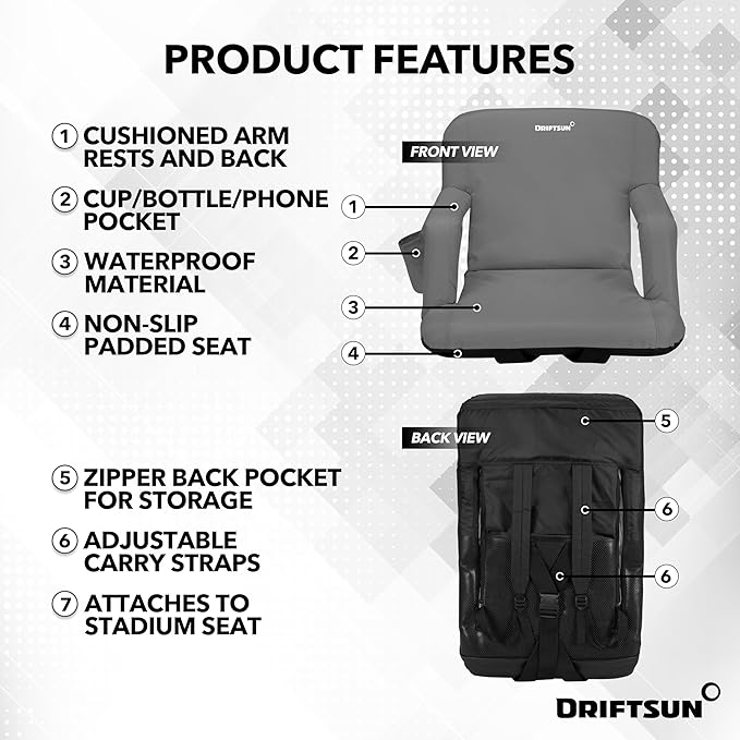 Driftsun 2 Pack Standard Size Stadium Seats with Back Support - Deluxe Foldable Stadium Chairs for Bleachers - Folding Waterproof Sport Chair - Easy to Transport