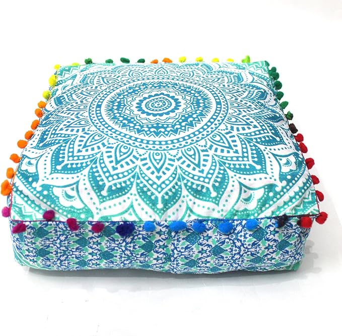 CRAFT KALA Green Ombre Large Hippie Mandala Meditation Floor Ottoman Pillow Cushion Pouf Cover Square Poufs Bohemian Circle Floor Cushion Case Outdoor Fireplace Yoga Living Room Decor Cover 24" Square