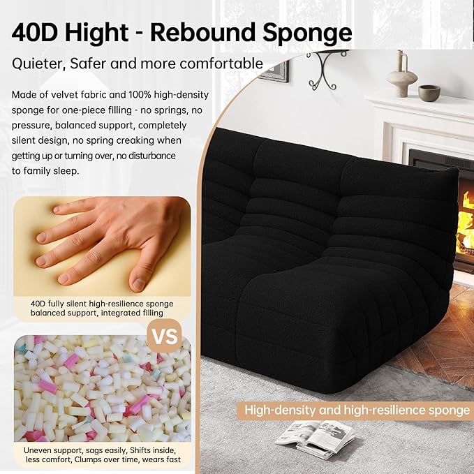 Bean Bag Chairs for Adults, Memory Foam Couch Loveseat Sofa Chair, Soft Teddy Material Cozy Comfy Reading Nook Chairs, Floor Chair for Living Room Bedroom Office(Black)