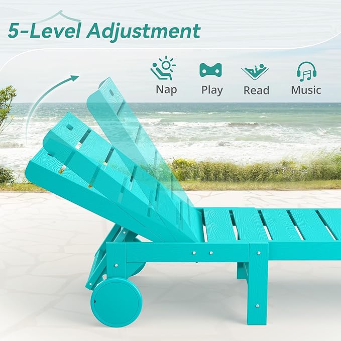 Homenjoy Outdoor Chaise Lounge Chairs with Table, 3-Piece, 26.8” Super Wide Lounge Chair Outdoor, HDPS Pool Chairs with 5 Positions, Patio Lounge Chair with Wheels for Pool,Lawn,Backyard, Aruba Blue