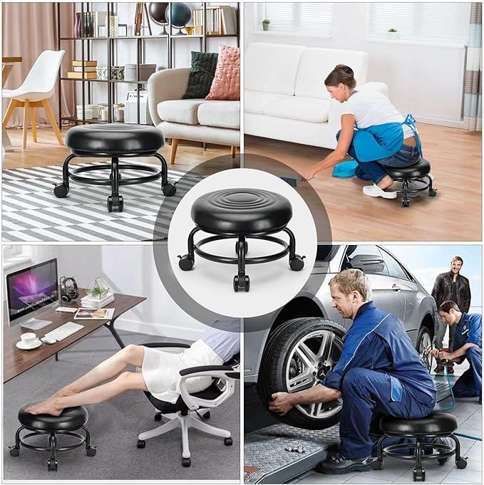 LWADALN Low Height Rolling Stool Low Roller Stool PU Leather Comfortable Chair, Modern Low Rolling Stool for Home Office Garage Shop