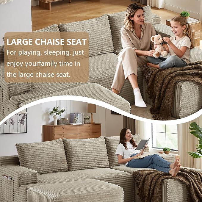 96" U-Shape Cloud Couch, Modern Modular Sectional L-Shape Sofa with Ottoman, Corduroy Upholstered Couches Deep Seat Sleeper Chaise Longue for Living Room, No Assembly Required(Camel, Right Facing)
