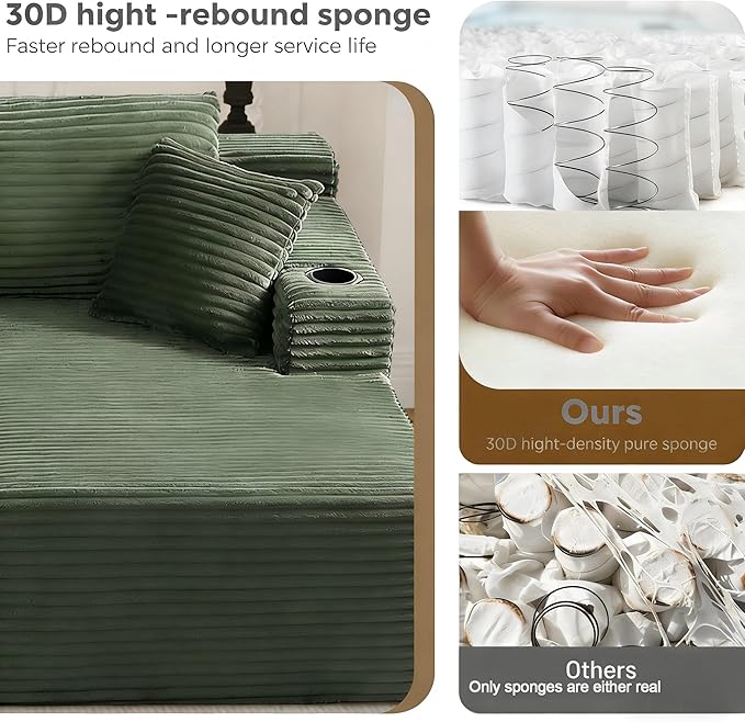 134" Modular Cloud Sectional Sleeper Sofa Couch for Living Room, U Shaped 6 Seat Sofa with 2 Storage Pockets, 2 Pillows & 2 Cup Holders, No Assembly Required (Green)