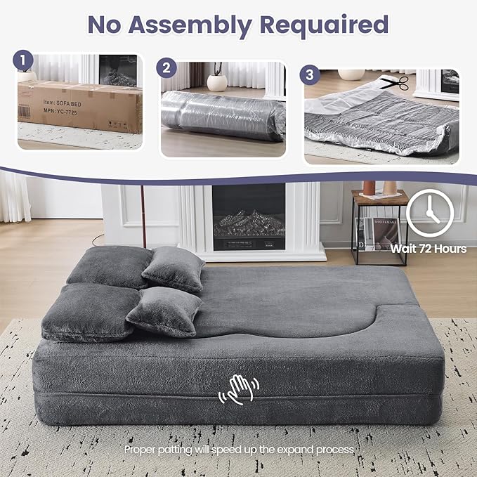 Orynveela Convertible Folding Sofa Bed, 78” Full Size Floor Sleeper Couch, Chenille Full Foam Futon Loveseat for Living Room Bedroom, No Assembly Required (Grey)
