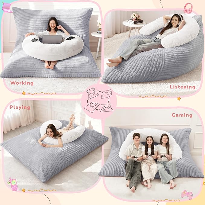 Homguava Giant Bean Bag Chair for Adults with Pillow, 4 in 1 Convertible Floor Cushion for Adluts, Memory Foamed Bean Bag Lounger with Washable Cover for Living Room, Bedroom