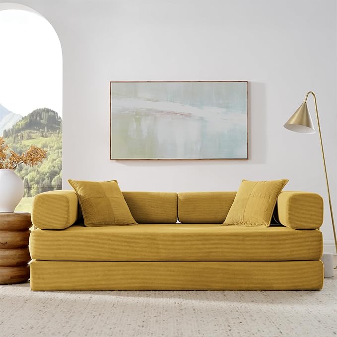 4-in-1 Folding Convertible Sofa Bed, 78 Inch Boneless Couch with Fixed-Shape Frame, Corduroy Loveseat Sleeper with Pull Out Bed, Floor Sofa Modular Futon Couch for Living Room Bedroom Lounge (Yellow)