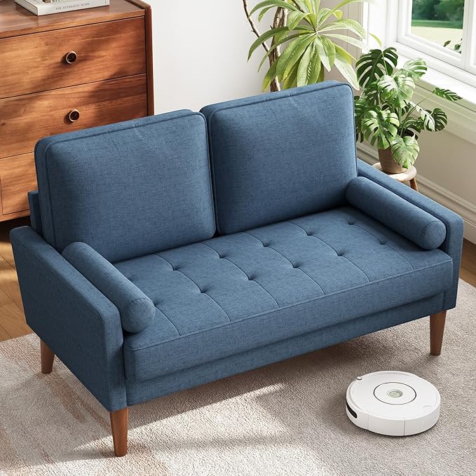 Vesgantti Loveseat Sofa with Solid Wood Legs, 48" Small Couches for Small Spaces, Love Seat for Living Room, Bedroom, Easy Assembly Mid Century Modern Couch with Throw Pillow for Apartment, Blue