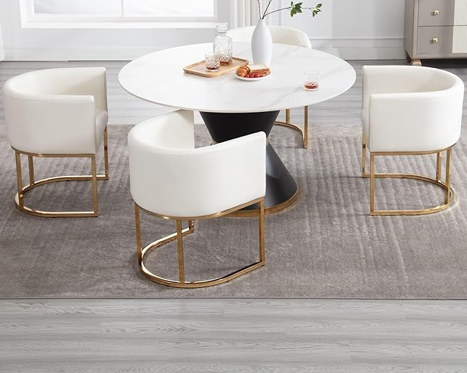 VESCASA Faux Leather Upholstered Dining Chairs with Barrel Back, Modern Padded Restaurant Chairs with Gold Metal Frame for Kitchen, Dining Room, Set of 3, White