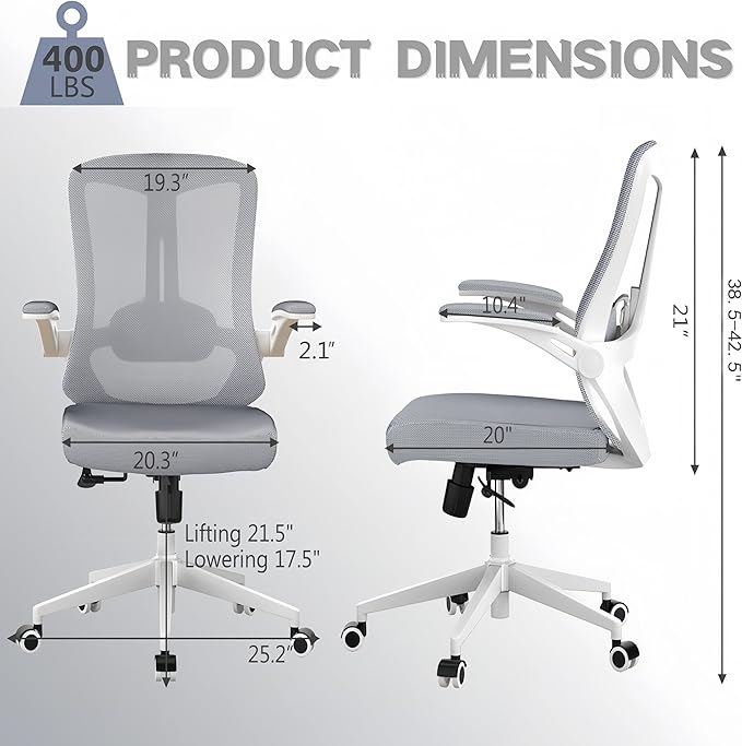 Ergonomic Office Chair - 400LB Comfy Desk Chairs with Lumbar Back Support, Mesh Computer Chairs with Wheels and Arms for Home Office, Study (Gray-Without Headrest)