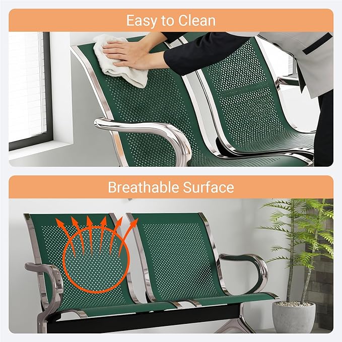 Kinfant 2-Seat Waiting Room Chair - Office Guest Reception Chairs with Ergonomic Backrests, Airport Waiting Bench with Armrests, Metal Waiting Furniture for Hospital, Bank, Salon, Dark Green