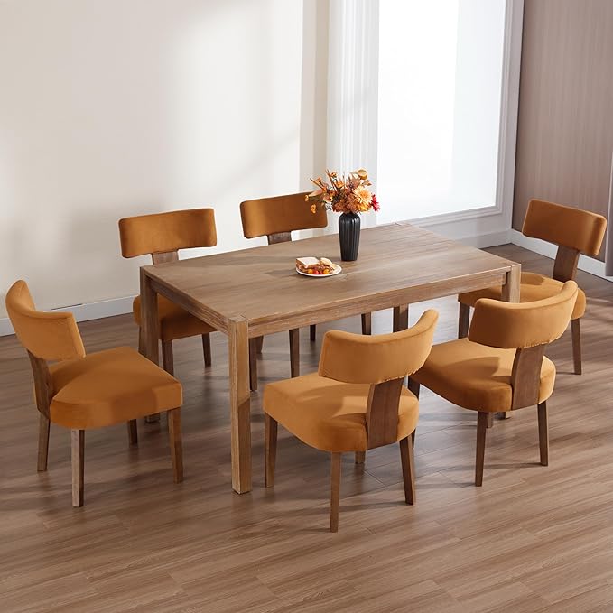 RIVOVA Velvet Dining Chairs Set of 6 Modern Dining Chair with Wood Legs, Upholstered Dining Chairs for Dining Room, Kitchen, Vanity, Living Room, Yellow Brown