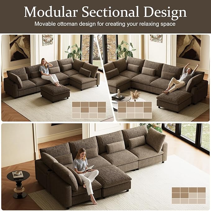 130" W x 67" D U Shape Sectional Sofa with USB Charging & Cup Holder & Storage, 6 Seater Plush Corduroy Couches with Movable Ottoman, Cloud Couch Sofas for Living Room, DIY Combination - Camel