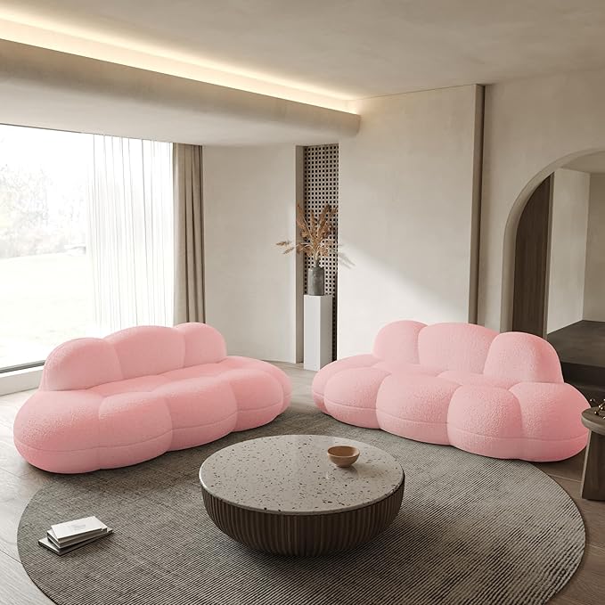 WJShome 90" Boucle Sofa, Modern Curved Upholstered Cloud Couch, Deep Seat LoveSeat 3 Seater Sofa, Cozy Modern Boneless Sherpa Fleece Couches for Living Room, Bedroom, Apartment (Pink)