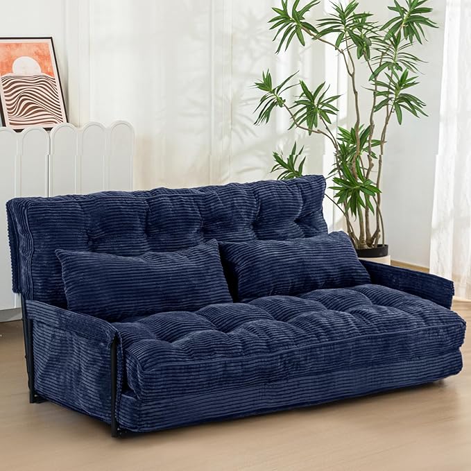 MAXYOYO Adjustable Floor Sofa Couch with 2 Pillows, Multi-Functional Bean Bag Bed, 5-Position Foldable Lazy Sofa Sleeper Bed with Armrest, Versatile Floor Seating for Reading, Navy, Double