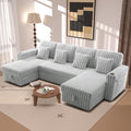 124" Sectional Sleeper Sofa with Pull Out Bed, Comfy Fluffy Plush Corduroy Cloud Sectional Couches for Living Room, U Shaped Modular Couch with Storage Chaise, Cup Holder & USB Charger, Grey