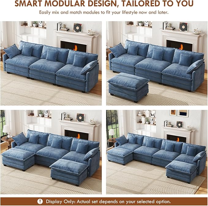WorthFurni 111.4” Cloud Couch, Modular Sectional Sofa, Comfy Modern 3-Seater Couches with Pillows & Upholstered Deep Seat Cushion for Living Room Apartment Bedroom (Blue)
