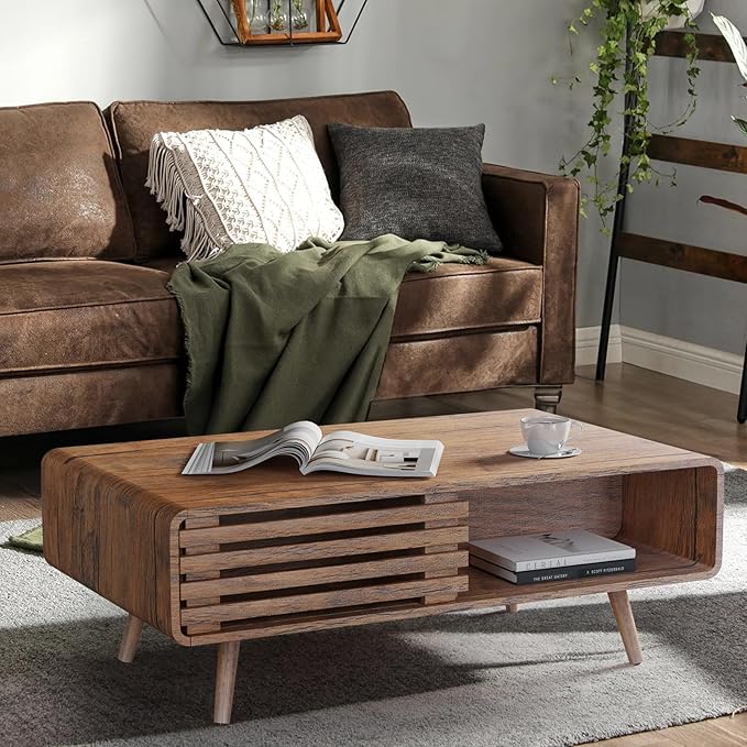 Easyego Coffee Table with Storage, Farmhouse Wood Tables for Living Room, Easy Assembly, Suitable for Various Home Styles (Walnut)