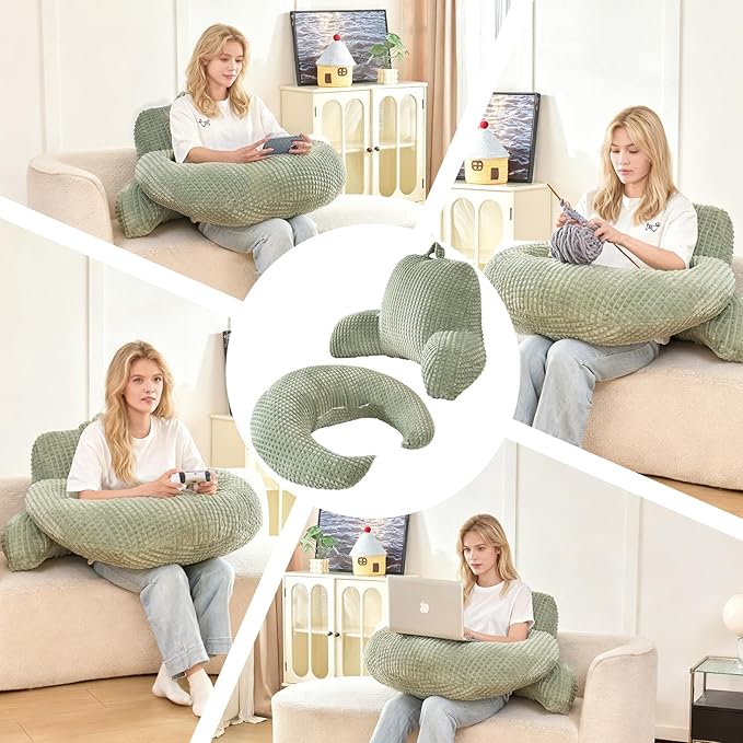 PAJEO Reading Pillow for Bed,U Shaped & Back Support Pillow for Bed,17" Backrest with Lumbar & Arm Support,Comfy Flannel Fabric,Lap Pillow for Gaming/Reading/Watching TV,Green