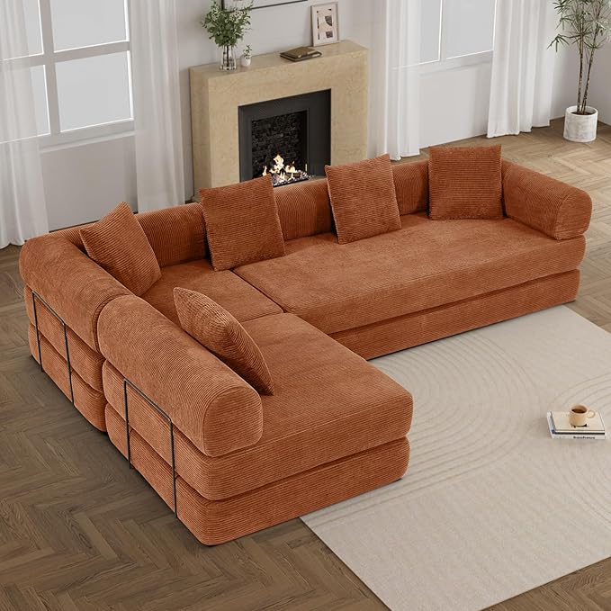 DAMAIFROM 157" Convertible Sleeper Sofa Bed Set with Pillow, 4-in-1 Corduroy Folding Mattress Boneless Couch with Fixed-Shape Frame, Fold Out Floor Sofa Cama Lounge Couch for Living Room, Orange