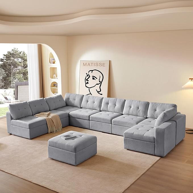 ORRD Convertible Sectional L Shaped Sofa with Storage, Modular Sectional 5 Seater Tufted Sofa Set with Chaise - Grey