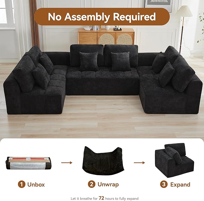 140''Modular Sectional Couches for Living Room, Cloud Boneless Compressed Sectional Sofa, Oversized U Shaped 6 Seater Upholstered Memory Foam Sofa, No Assembly, Chenille Black