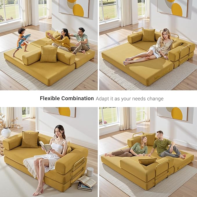 78" Convertible Sleeper Sofa Bed, Corduroy Folding Sofa Bed with Fixed-Shape Frame, Fold Out Floor Mattress Couch, Lazy Compression Sofas for Living Room, Bedroom, No Assembly Required, Yellow