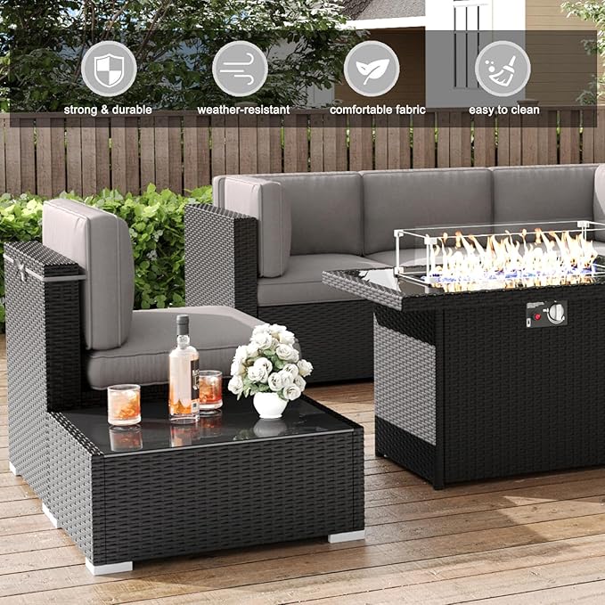 LayinSun 15 Pieces Patio Furniture Set with Fire Pit Table, Black Rattan Modular Sectional Patio Conversation Sofa Set
