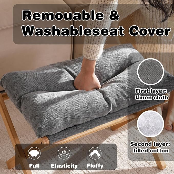Folding Upholstered Footrest Stool, Small Accent Ottoman with Thick Cotton Cushion & Bamboo X Legs, Modern Padded Sofa Stool for Makeup Bedroom Living Room, Grey