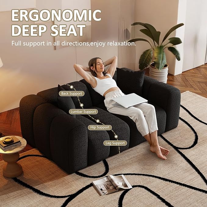 70" Modern Chenille Fabric Sofa Couch – One-Piece Memory Foam 3-Seater Sofa with Rounded Arms, Soft & Cozy Upholstery for Living Room (Black)