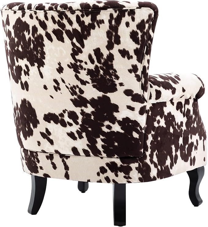 DM Furniture Cow Print Accent Chair Modern Velvet Armchair Tufted Wingback Club Chair Single Sofa Lounge Side Chair with Pillow for Living Room Bedroom, Cow