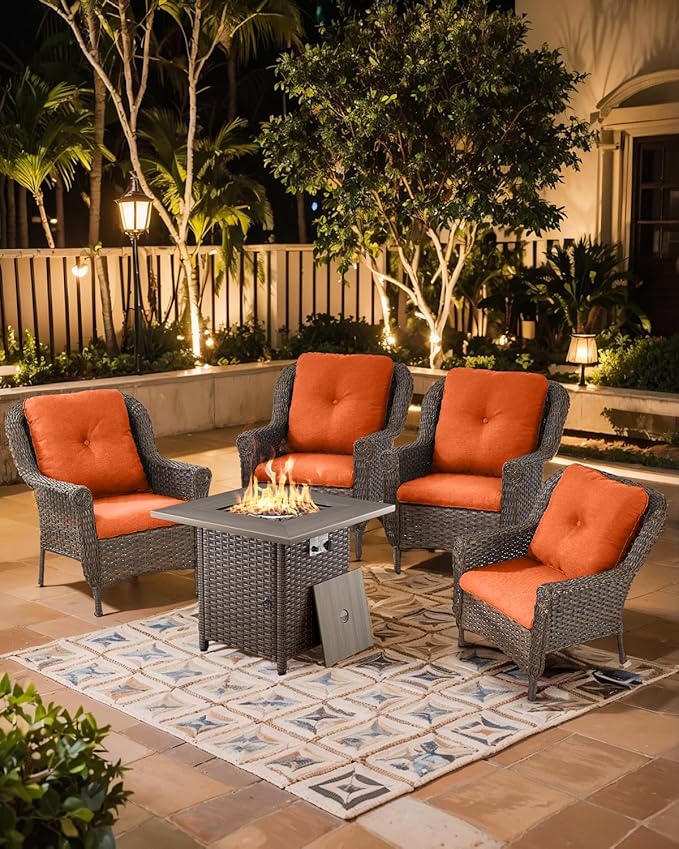 ACTREST Outdoor Patio Chairs with Fire Pit Table 5 Piece Set - High Back Brown Wicker Rattan Lawn Chair with Thick Cushion for Porch Apartment Deck Yard Poolside Garden - Orange