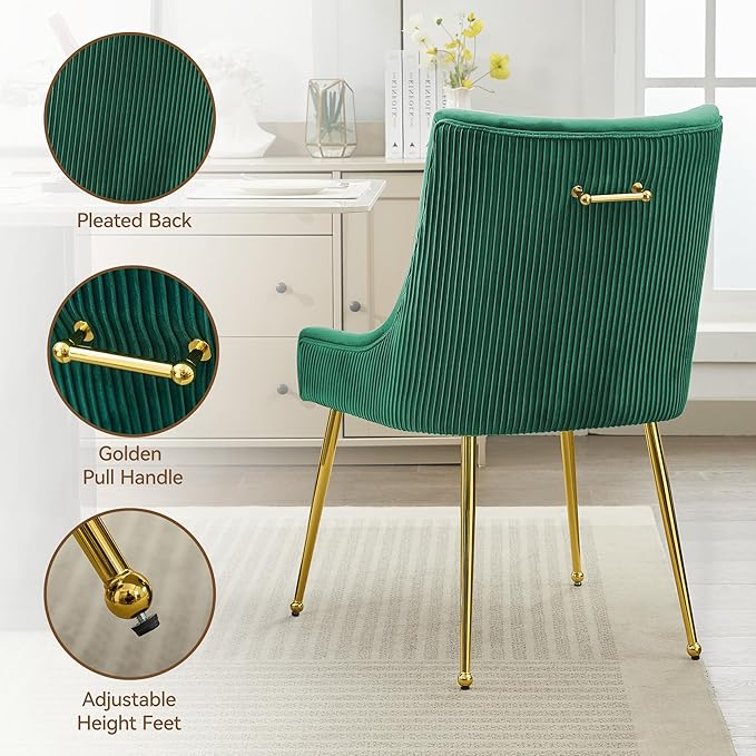 WUTUTUEE Velvet Dining Chairs Set of 6 Gold Legs,Upholstered Velvet Accent Chairs, Pleated Back Design & Gold Pull Handle, Mid Century Modern Chairs for Dining/Kitchen/Living Room,Green