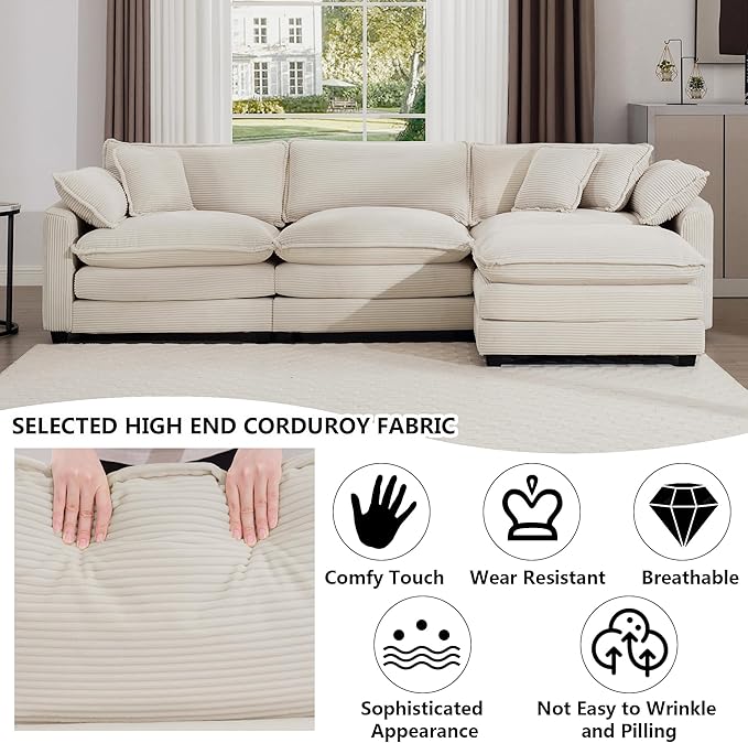 Aoowow Corduroy 3 Seater Cloud Couch with Ottoman,Modern Cloud Couches for Living Room,Modular Sectional Cloud Sofas with Deep Seat,Oversized Tufted L-Shaped Sofa Set (Beige, 3 Seater + 1 Ottoman)