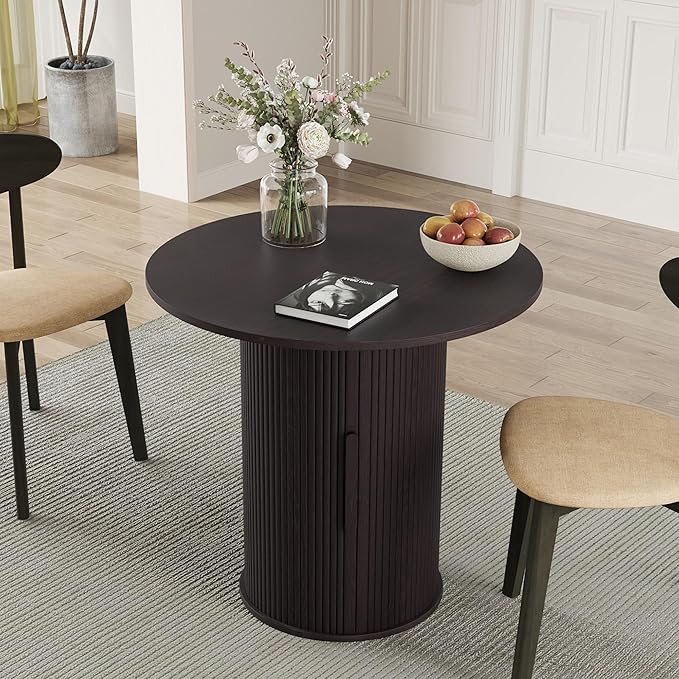 31.5" Round Dining Table for 2-4, Modern Kitchen Table with 2-Tier Storage Shelf, Small Wooden Circle Dining Tables with Fluted Base for Home Dining Room Living Room (Blackened Brown)