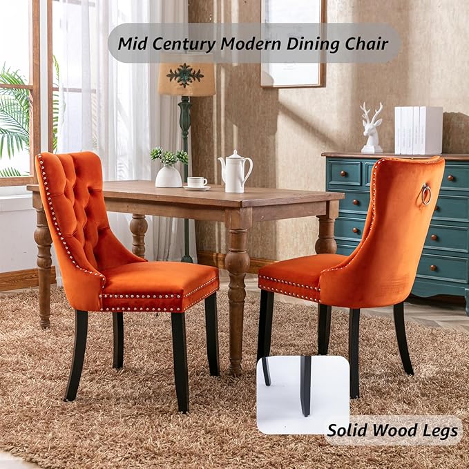 YeahFurn Orange Mid Century Modern Dining Chairs Set of 4, Velvet Upholstered Kitchen & Dining Room Chairs with Nailhead Trim & Solid Wood Legs, Elegant Sillas De Comedor (Orange, 4 Pcs)