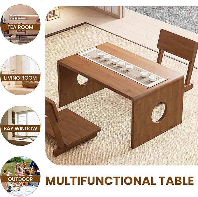 Foldable Japanese Floor Table, Japanese Folding Coffee Table,Low Coffee Table for Tatami Meditation & Tea Ceremony,Easy Assembly,Space-Saving Design, Ideal for Small Spaces,Living Room,Bedroom（31.5in）