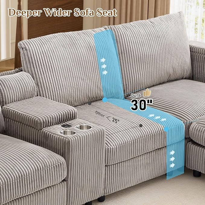 153" W x 60" D U Shape Sectional Sofa with USB Charging & Cup Holder & Storage, 6 Seater Plush Corduroy Couches with Movable Ottoman, Cloud Couch Sofas for Living Room, DIY Combination - Light Grey