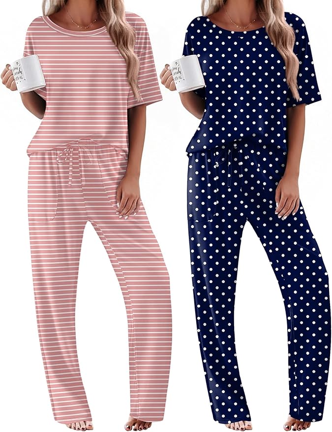 Ekouaer 2 Pack Womens Pajama Sets Short Sleeve Tops and Long Pants Casual Comfy Pjs Lounge Set with Pockets,S-XXL