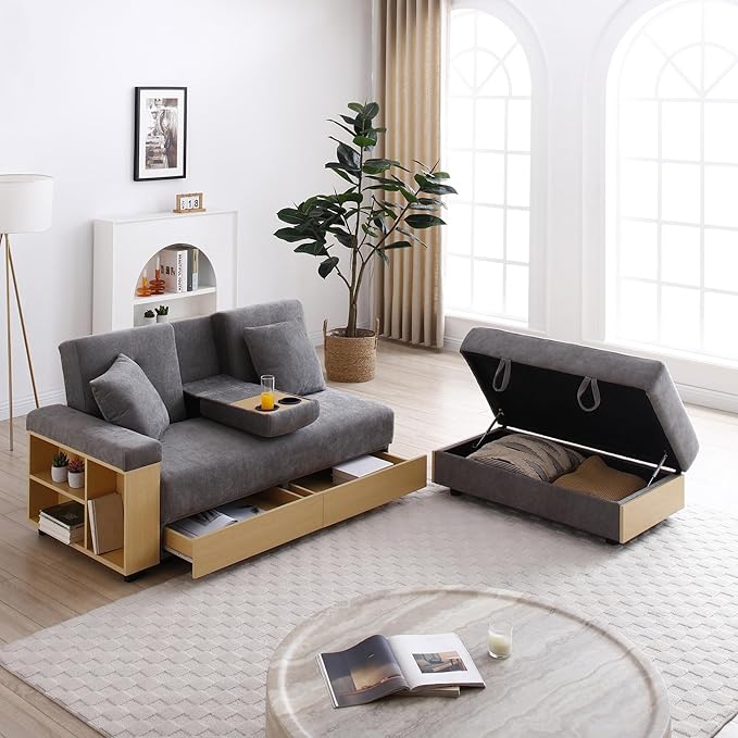 Roockky Convertible Sofa Bed, 85" Folding Sectional Sleeper Sofa with Storage Ottoman, Drawers, Built-in Bookshelves and 2 Cup Holders, Linen (Gray)