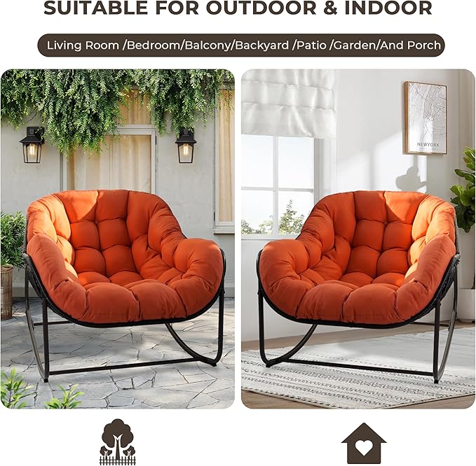 Sgentle Papasan Rocking Chair Outdoor, Oversized Patio Rocking Chair with Cushions & Steel Frame, Wicker Egg Lounge Chair Indoor, Comfy Reading Chair for Patio, Deck, Porch (Red, Style 1)