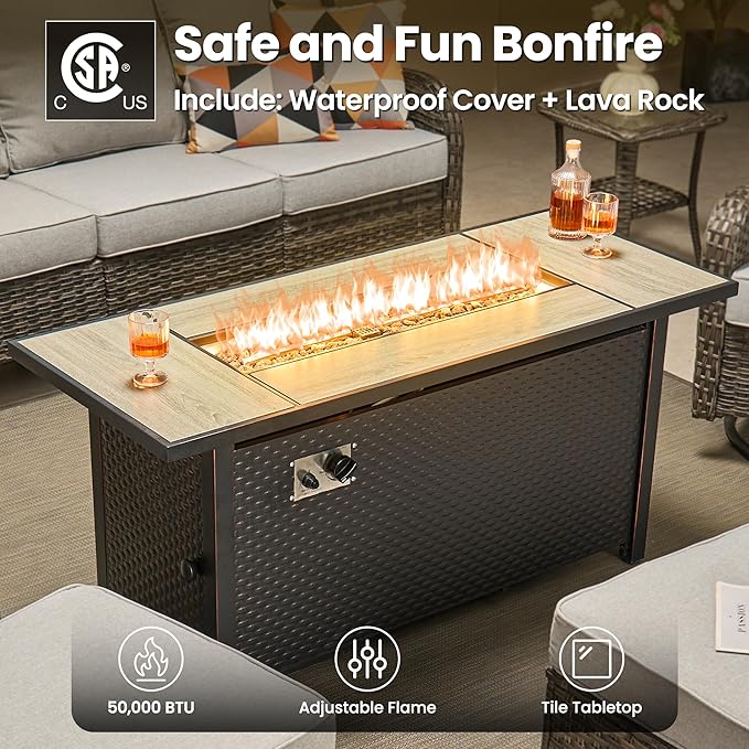 ovios 10 Pieces Patio Furniture Set, Outdoor Wicker Sofa Couch with Swivel Chairs 54" Fire Pit Table, High Back Modern All Weather Conversation Sets, Grey Rattan, Grey