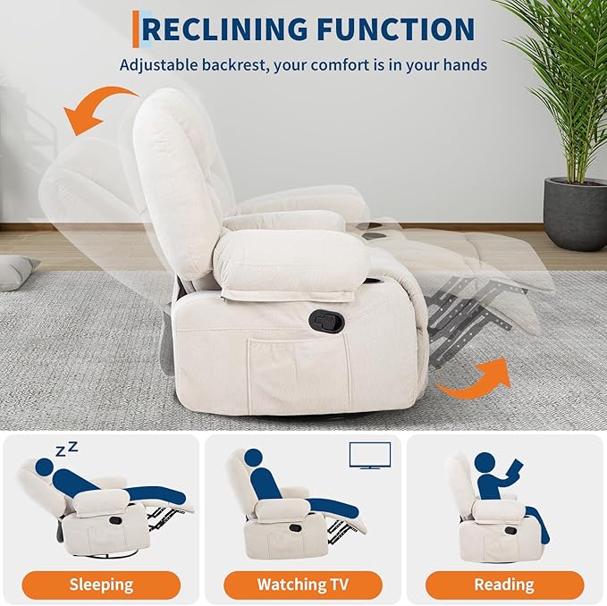 Rocker Recliner Chairs for Adults w/Vibration Massage and Heating,360° Swivel Rocker Glider Recliner,Extra Wide Manual Lazy Chair,Chenille Fabric Sofa Chair for Living Room,Bedroom,White