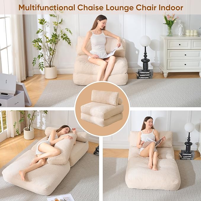 Waxberry Folding Sofa Bed, Convertible Sleeper Chair Couch Bed, Corduroy Upholstered Boneless Sofa for Living Room Bedroom, with Back Support Floor Couch, Beige